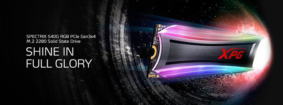 A S40G moving at blazing fast, with text on the left reading “SPECTRIX S40G RGB PCIe Gen3x4 M.2 228-0 Solid State Drive” in small font, and “shine in full glory” on larger font